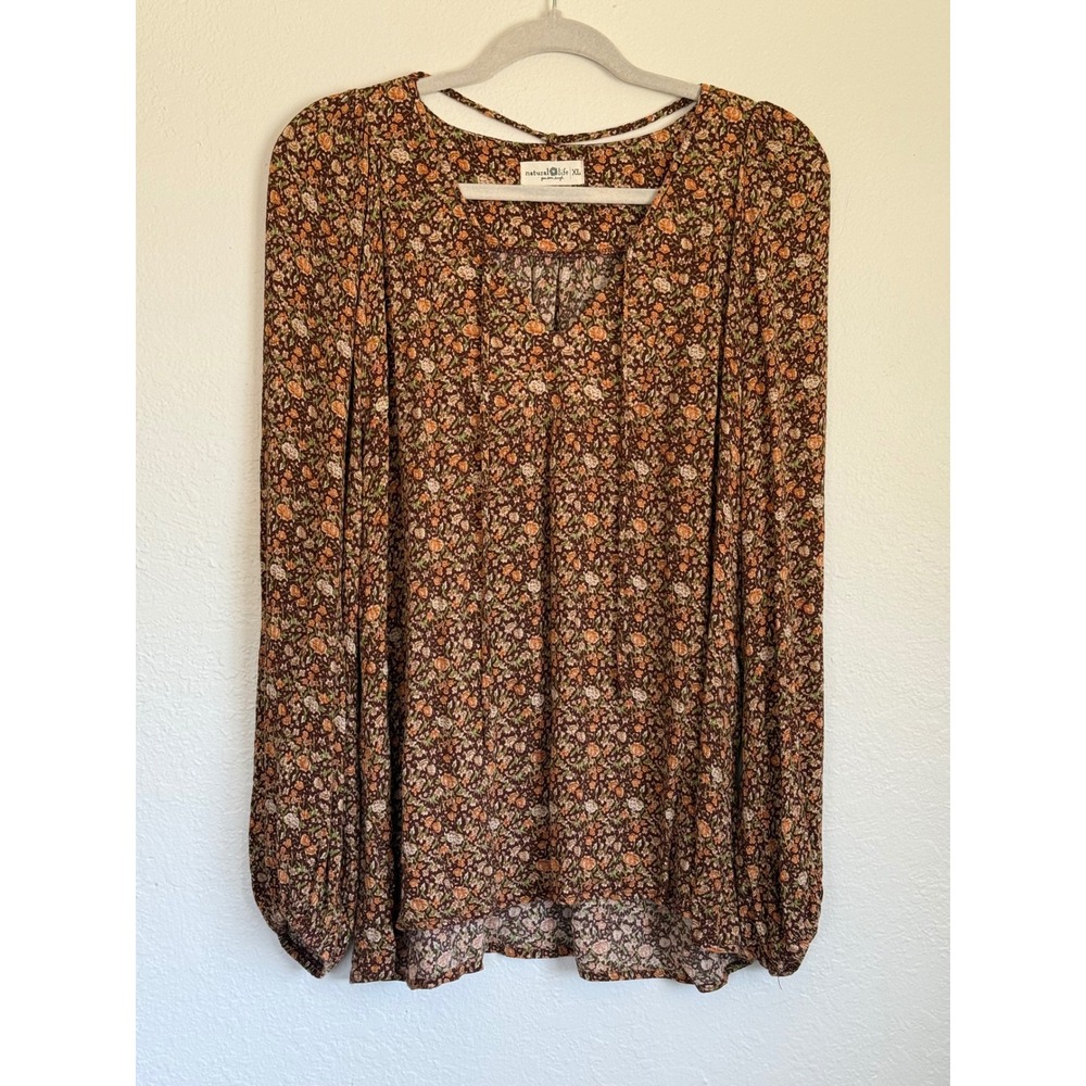 Natural Life Brown Floral V-Neck Balloon Sleeve Boho Blouse XL